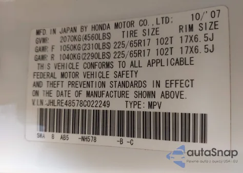 2008 Honda Cr-V Ex z USA, uszkodzony, nr VIN JHLRE48578C022249